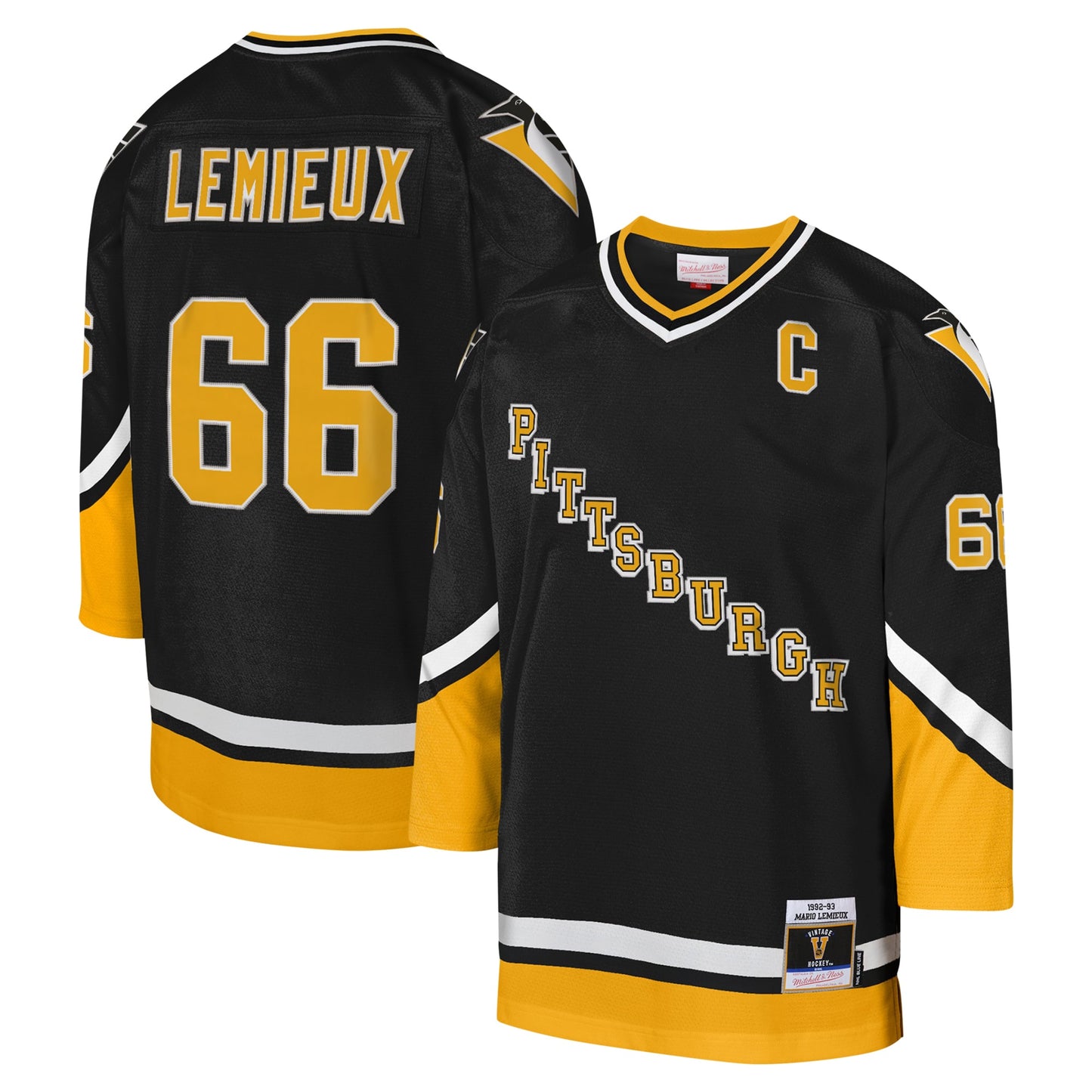 Mario Lemieux Pittsburgh Penguins Mitchell & Ness Youth 1992-93 Blue Line Captain Patch Player Jersey - Black - Size Yth L/XL - Mitchell & Ness
