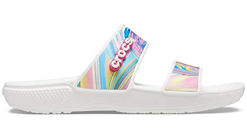 Crocs Unisex-Adult Classic Tie Dye Two-Strap Sandals, Rainbow Swirl, 6 Men/8 Women