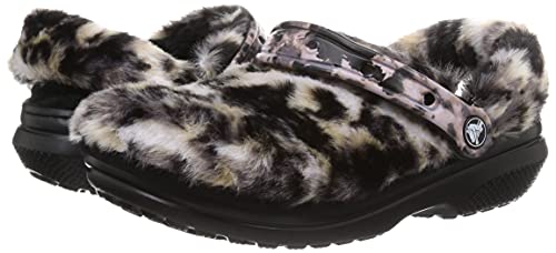 Crocs Unisex Classic Fur Sure Clog | Fuzzy Slippers, Black/Multi Bleach Dye, US Women