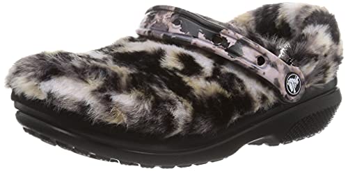 Crocs Unisex Classic Fur Sure Clog | Fuzzy Slippers, Black/Multi Bleach Dye, US Women