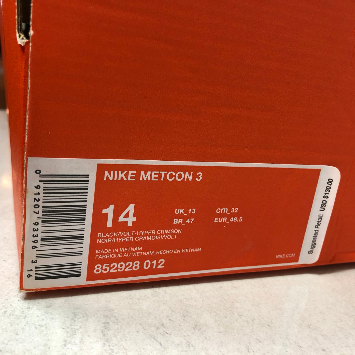 Nike Men's Metcon 3 Training Shoe 852928 012 Men's Size 14 BLACK/VOLT-HYPER CRIMSON-HOT PUNCH