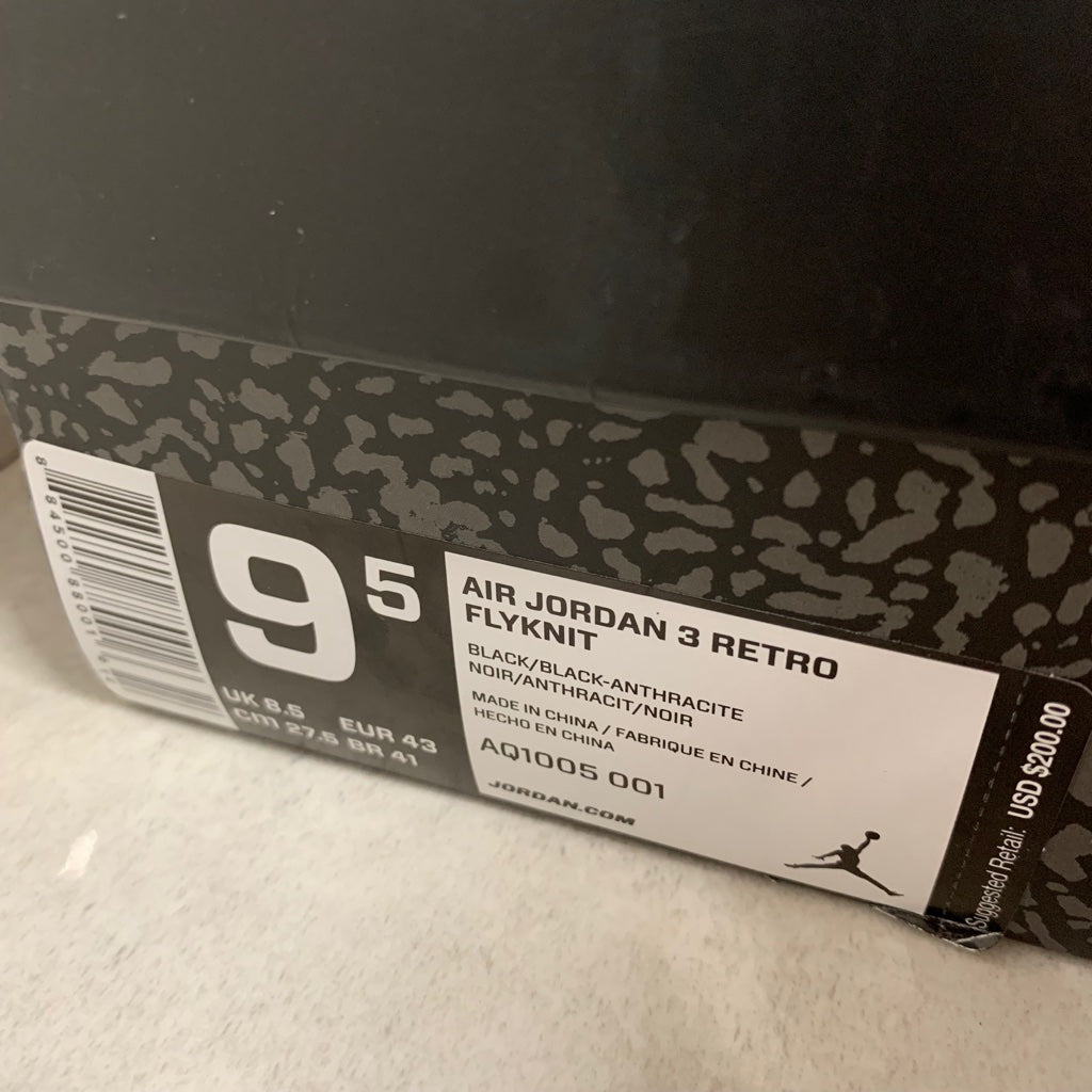 Air Jordan 3 III Retro Flyknit Negras- Aq1005-001 - Talla de hombre 9.5/Talla 10 - Brillan en la oscuridad