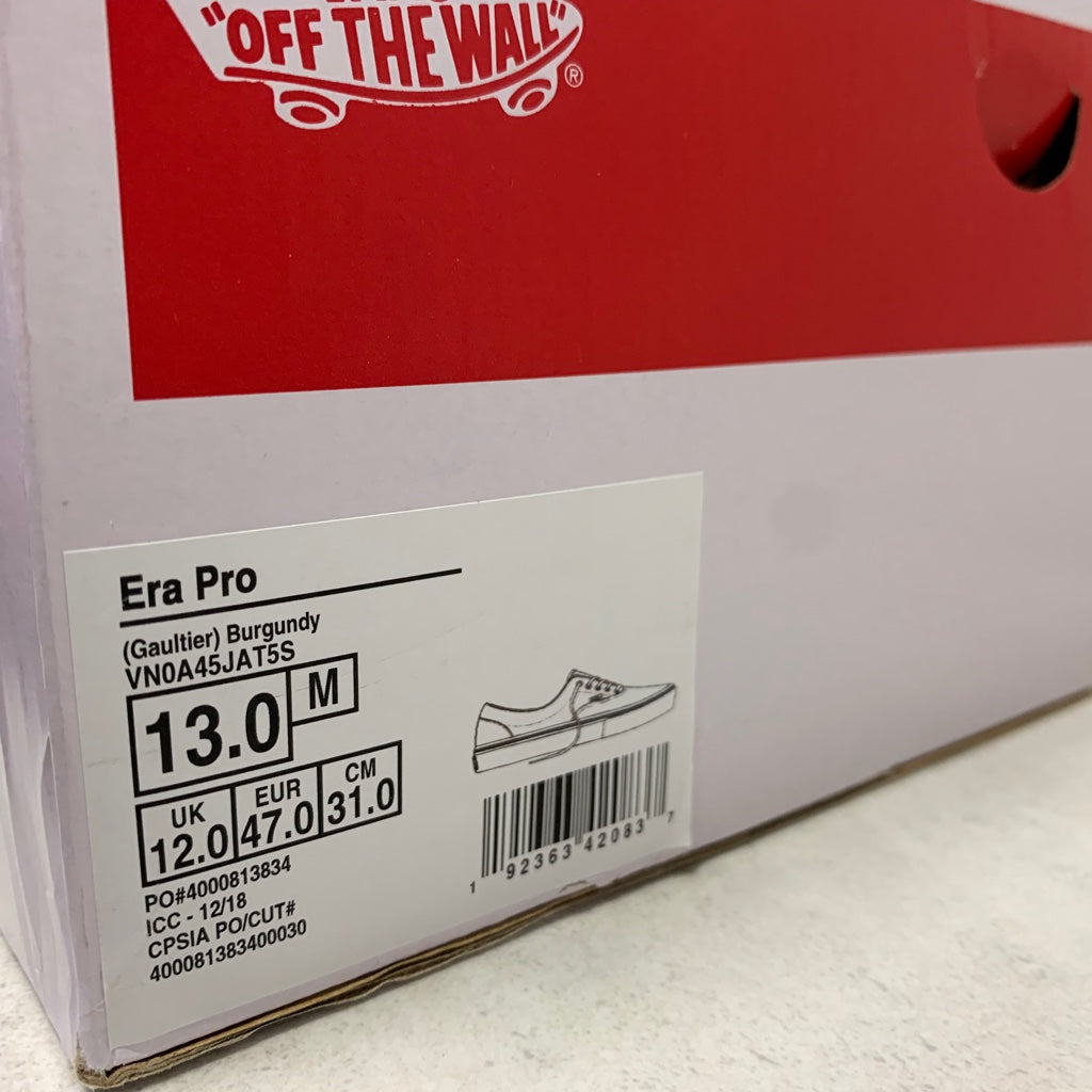 Supreme x Vans Era Pro Jean Paul Gaultier Burgundy- VN0A45JAT5S - Talla de hombre 10.5/Talla 13
