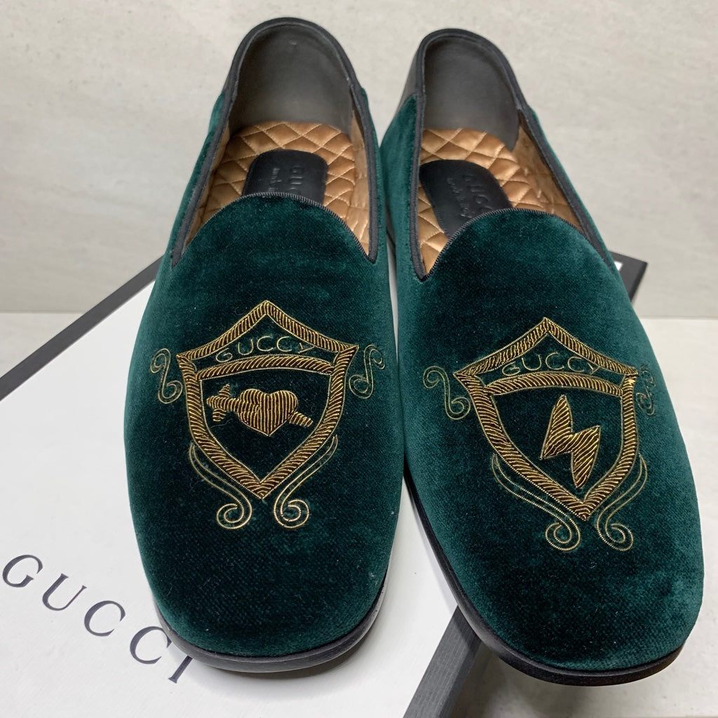 Gucci Green Embroidered Velvet Loafers - Men's Size 8.5