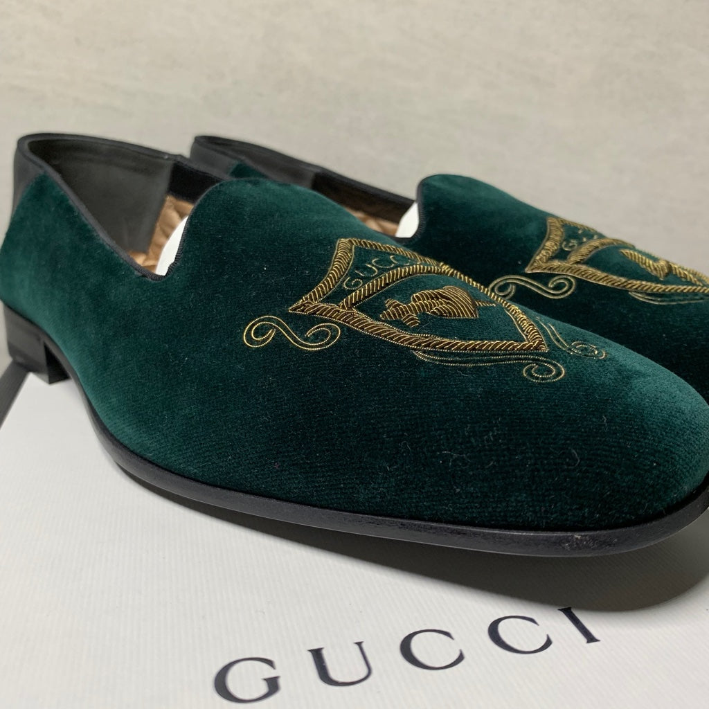 Gucci Green Embroidered Velvet Loafers - Men's Size 8.5