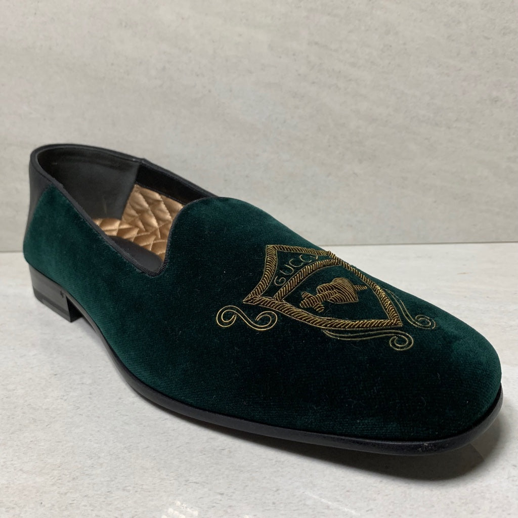 Gucci Green Embroidered Velvet Loafers - Men's Size 8.5