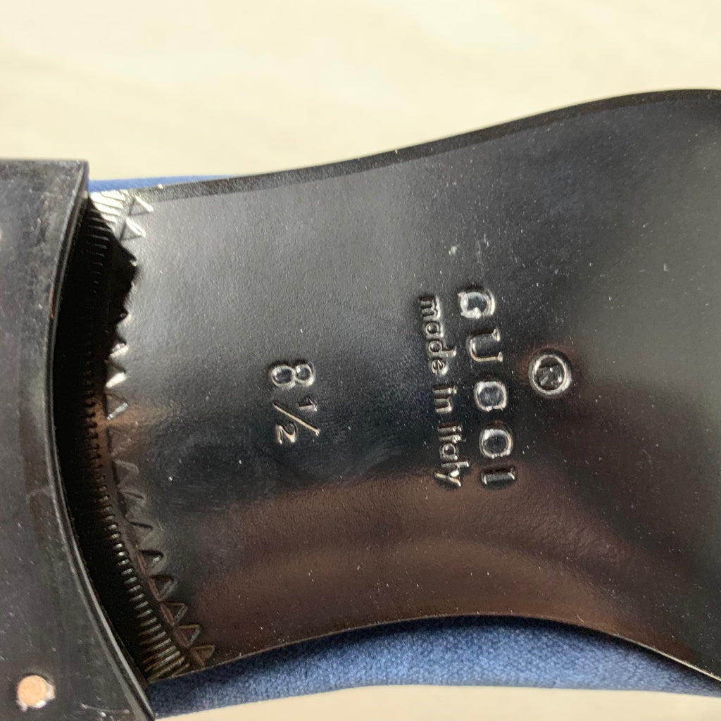 Gucci Heart Dagger Bee Logo Velvet Mocasines Azul Bordado - Tamaño de Hombre 8.5