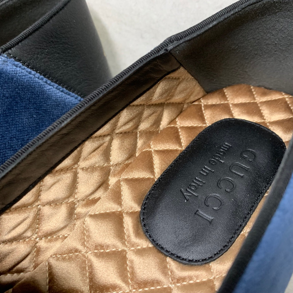 Gucci Heart Dagger Bee Logo Velvet Mocasines Azul Bordado - Tamaño de Hombre 8.5