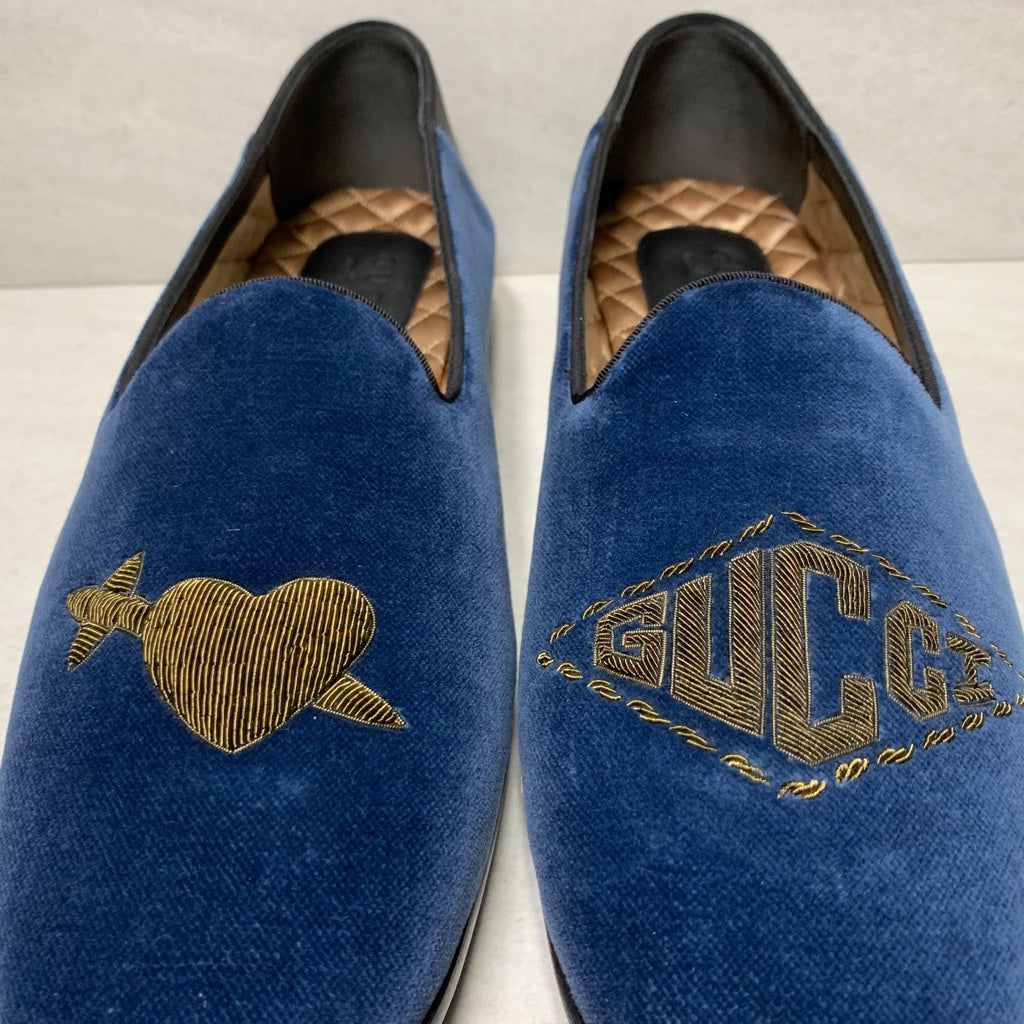 Gucci Heart Dagger Bee Logo Velvet Mocasines Azul Bordado - Tamaño de Hombre 8.5