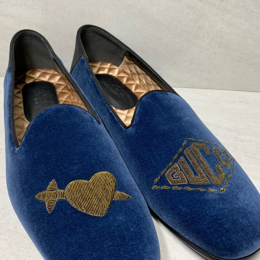 Gucci Heart Dagger Bee Logo Velvet Mocasines Azul Bordado - Tamaño de Hombre 8.5