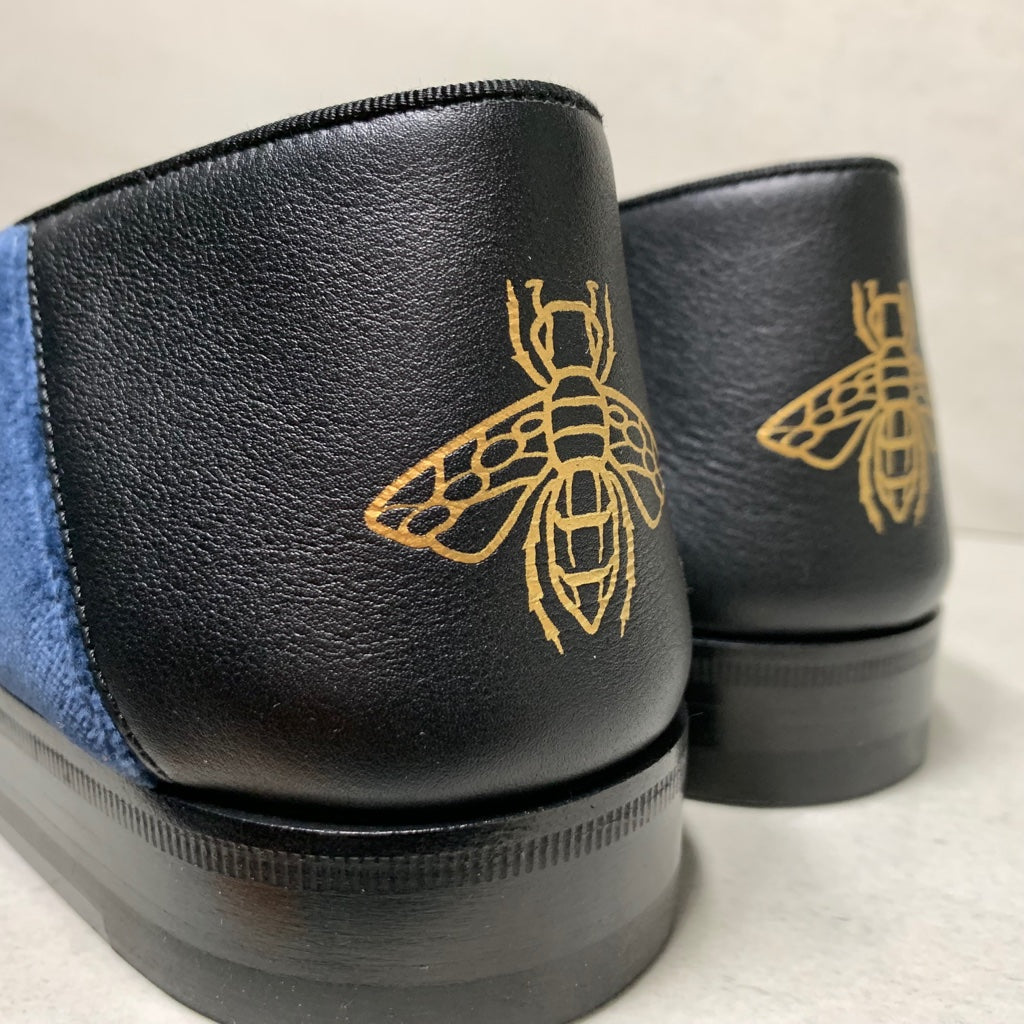 Gucci Heart Dagger Bee Logo Velvet Mocasines Azul Bordado - Tamaño de Hombre 8.5