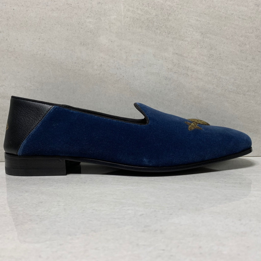 Gucci Heart Dagger Bee Logo Velvet Mocasines Azul Bordado - Tamaño de Hombre 8.5
