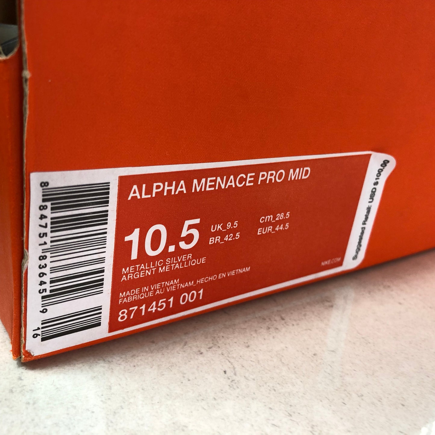 Nike Alpha Menace Pro Mid Football Cleats 871451 001 Men's Size 9/Size 10.5/Size 11.5/Size 12 Metallic Silver/Black
