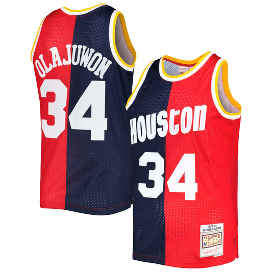 Hakeem Olajuwon Houston Rockets Mitchell & Ness Hardwood Classics 1993/94 Split Swingman Jersey - Navy/Red Basketball - Size L - Mitchell & Ness