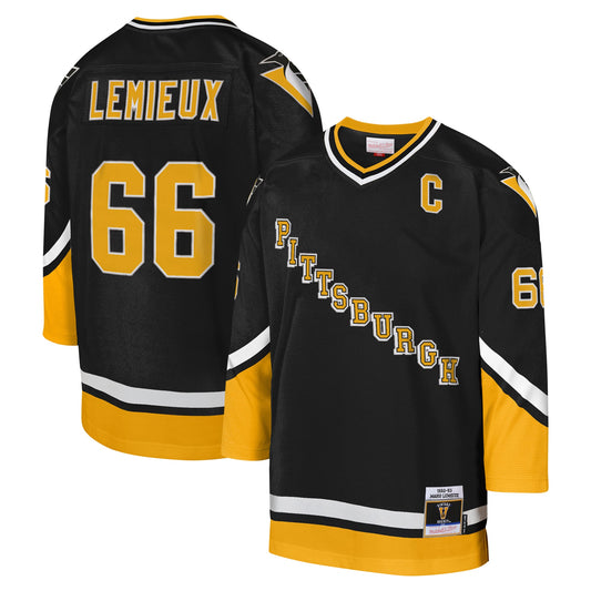 Mario Lemieux Pittsburgh Penguins Mitchell & Ness Youth 1992-93 Blue Line Captain Patch Player Jersey - Black - Size Yth L/XL - Mitchell & Ness