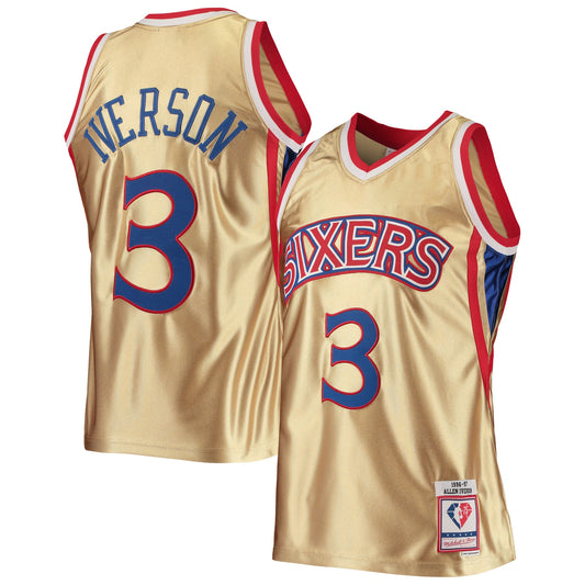 Allen Iverson Philadelphia 76ers Mitchell & Ness 75th Anniversary 1996/97 Hardwood Classics Swingman Jersey - Gold - Size S - Mitchell & Ness
