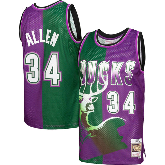 Ray Allen Milwaukee Bucks Mitchell & Ness Hardwood Classics 1996/97 Split Swingman Jersey - Green/Purple Basketball - Size L - Mitchell & Ness