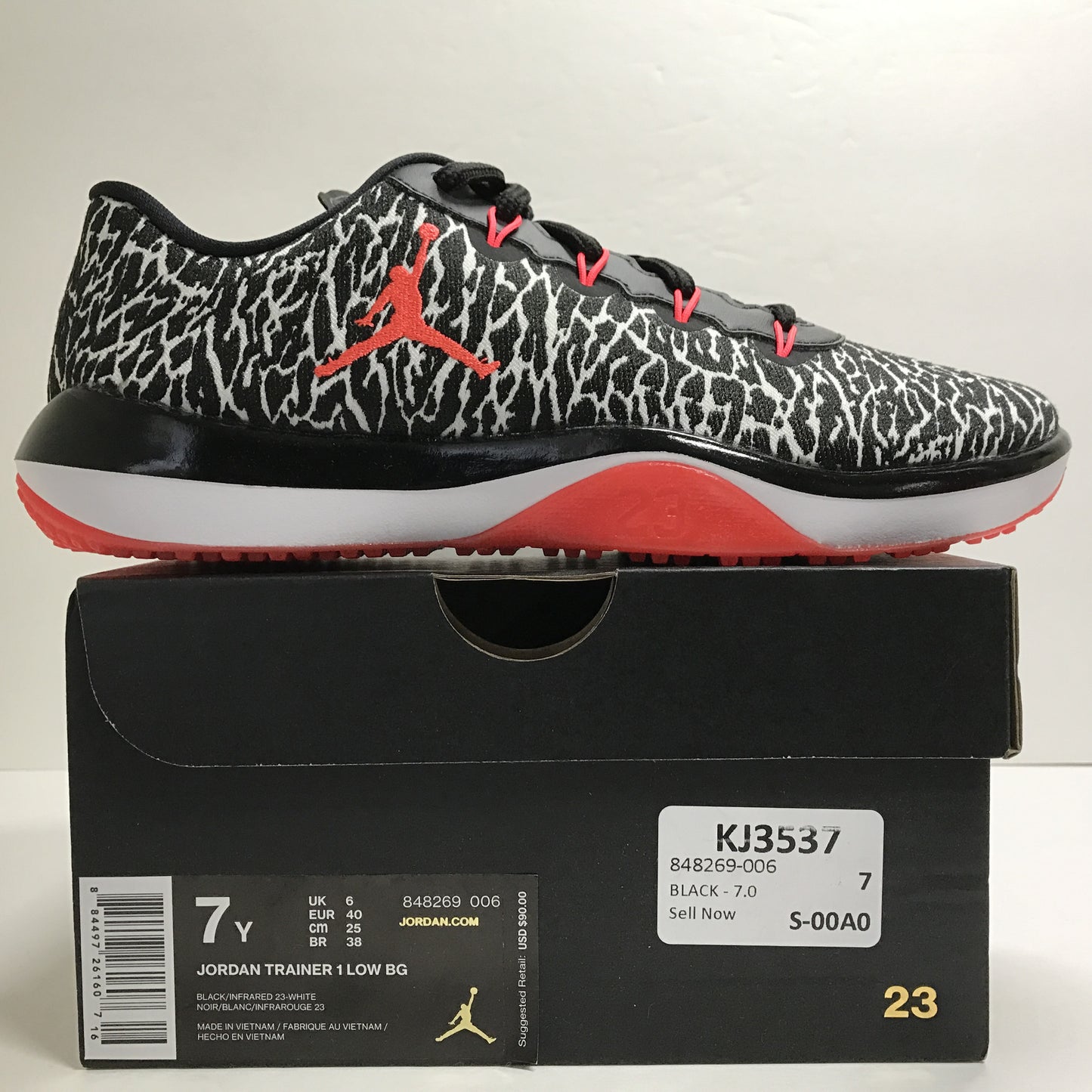 DS Nike Air Jordan Trainer 1 Black Elephant Print/Infrared  Low BG Size 7Y - DOPEFOOT
 - 2