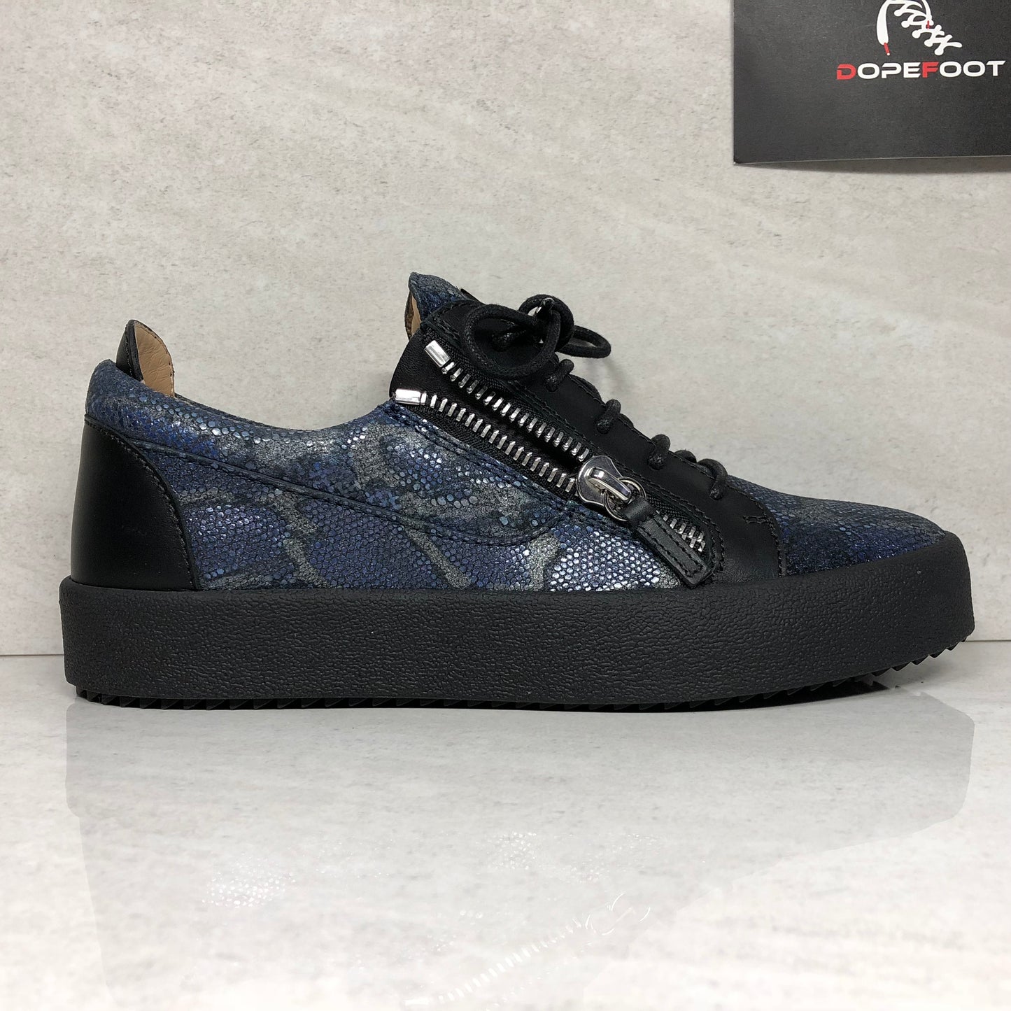 Giuseppe Zanotti Double Zip Sneakers Size 7 May Lond Black/Navy Blue Snakeskin - DOPEFOOT