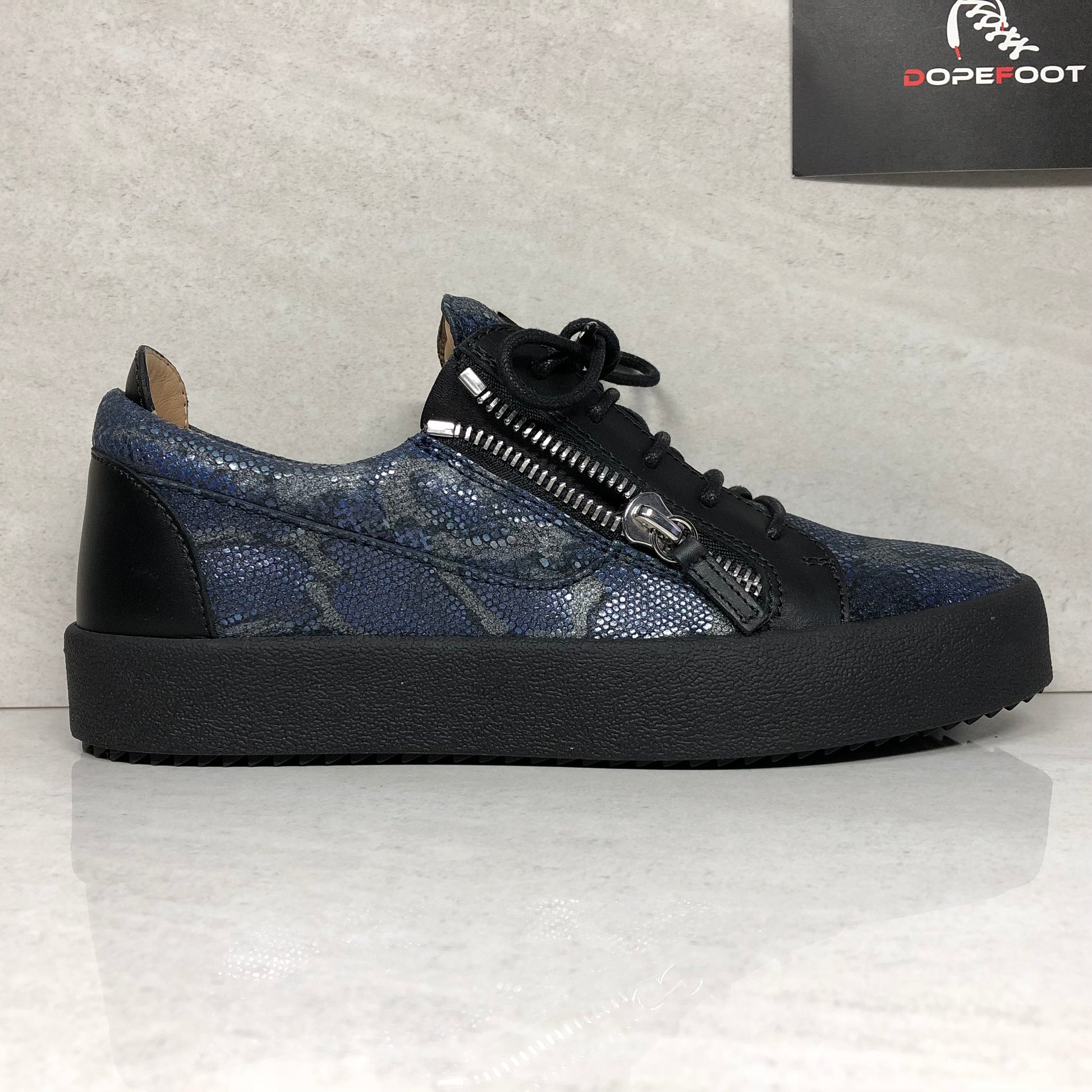 Giuseppe Zanotti Double Zip Sneakers Size 7 May Lond Black/Navy Blue Snakeskin - DOPEFOOT