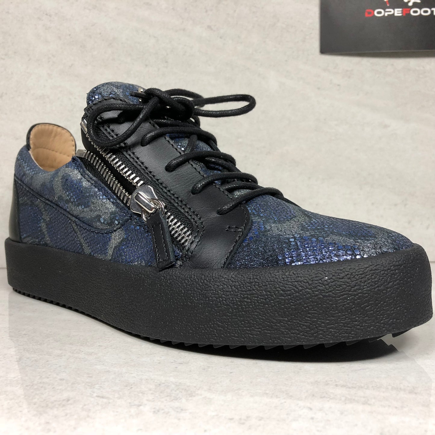 Giuseppe Zanotti Double Zip Sneakers Size 7 May Lond Black/Navy Blue Snakeskin - DOPEFOOT