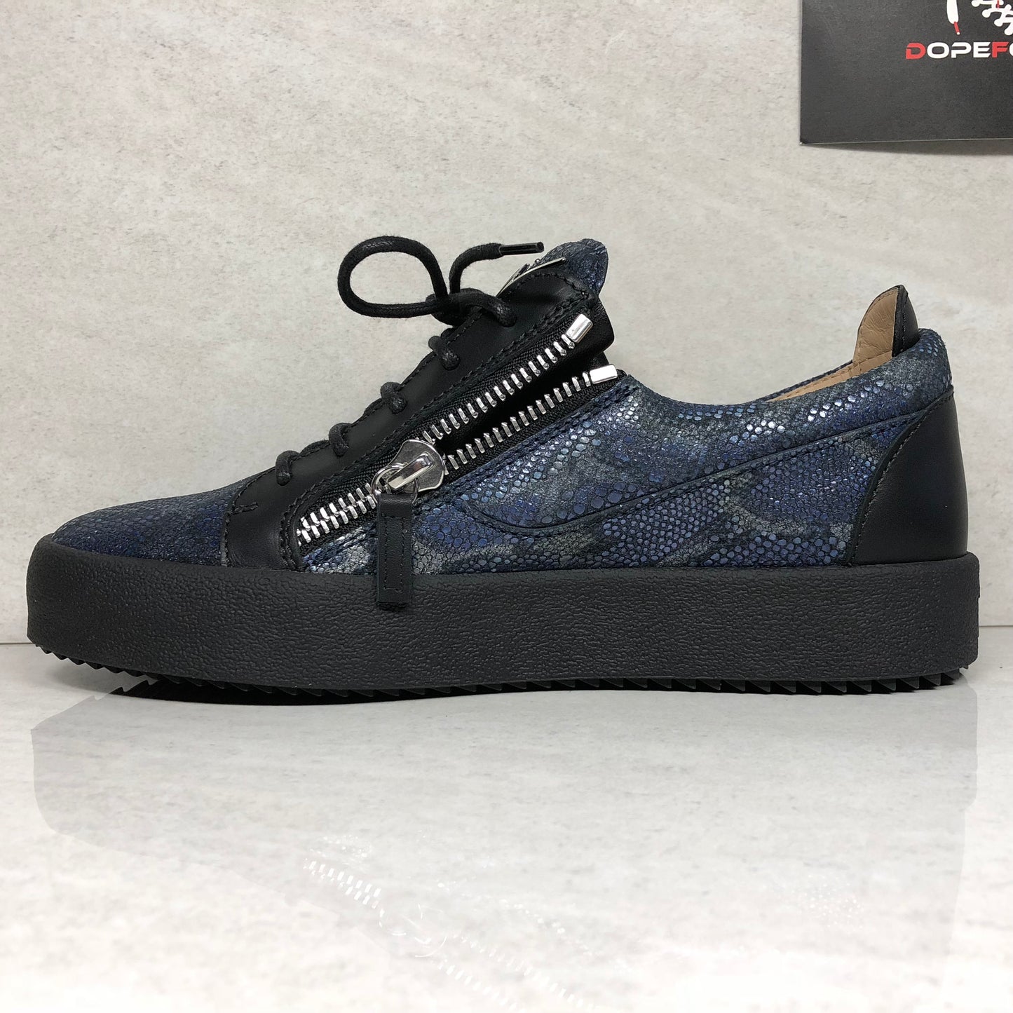 Giuseppe Zanotti Double Zip Sneakers Size 7 May Lond Black/Navy Blue Snakeskin - DOPEFOOT