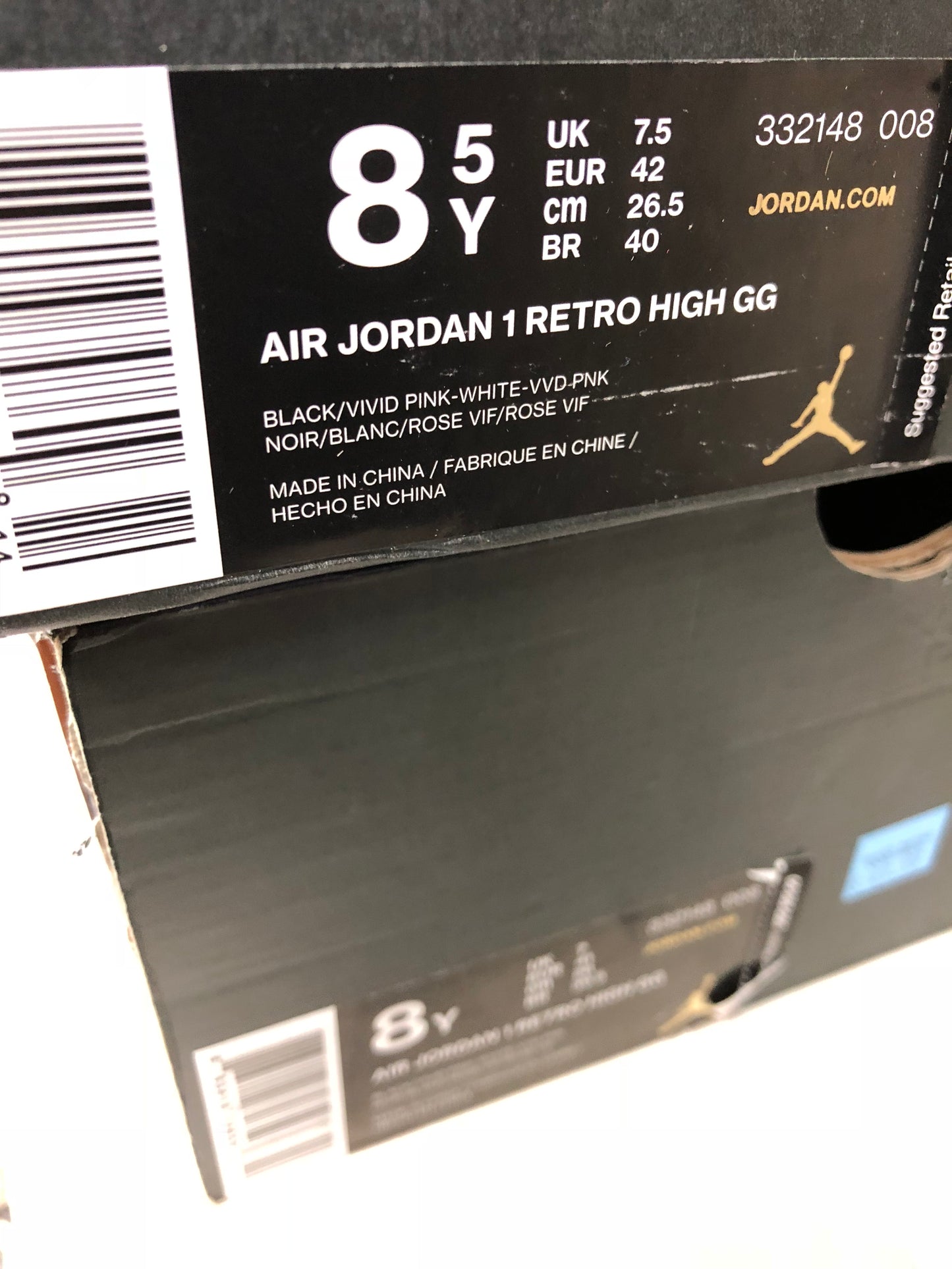 DS Nike Air Jordan 1 Retro High GG Taille 8Y/8.5Y Noir/Vivid Rose 332148 008