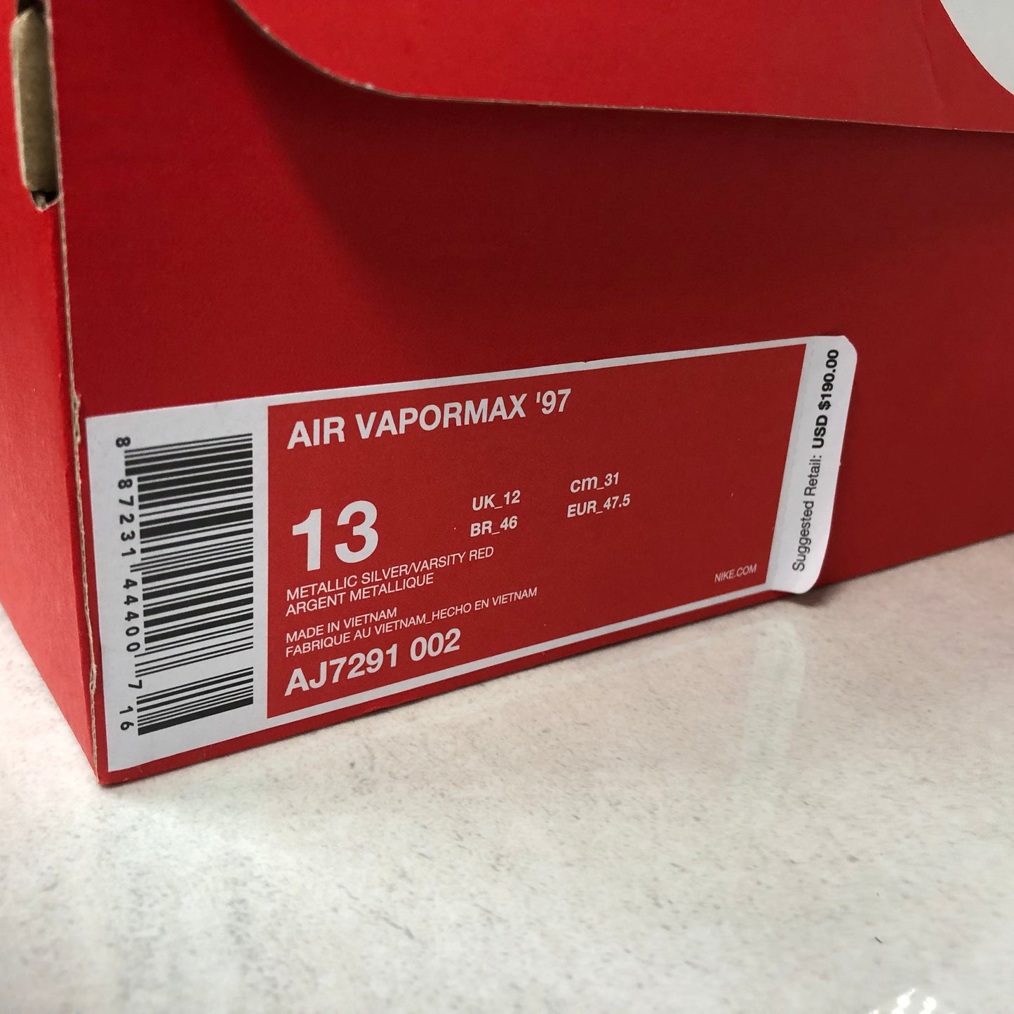 Nike Air Vapormax '97 AJ7291 002 Men's Size 13 Silver Bullet