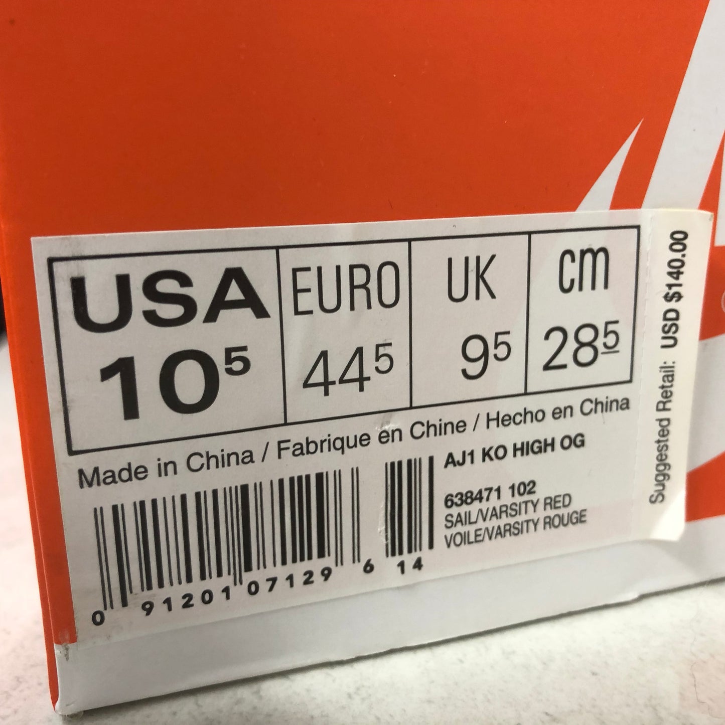 Nike Air Jordan 1 I Retro High AJ1 KO Sail - 638471 102 - Hombre Talla 10.5 Rojo