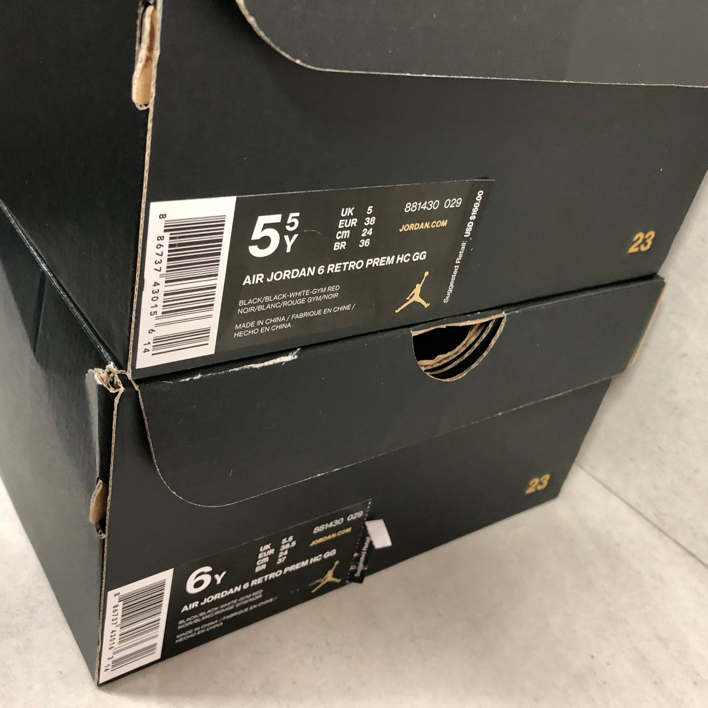 Nike Jordan Air 6 Retro Prem HC GG Enfant Taille 5.5/6 Noir/Blanc Gym Rouge