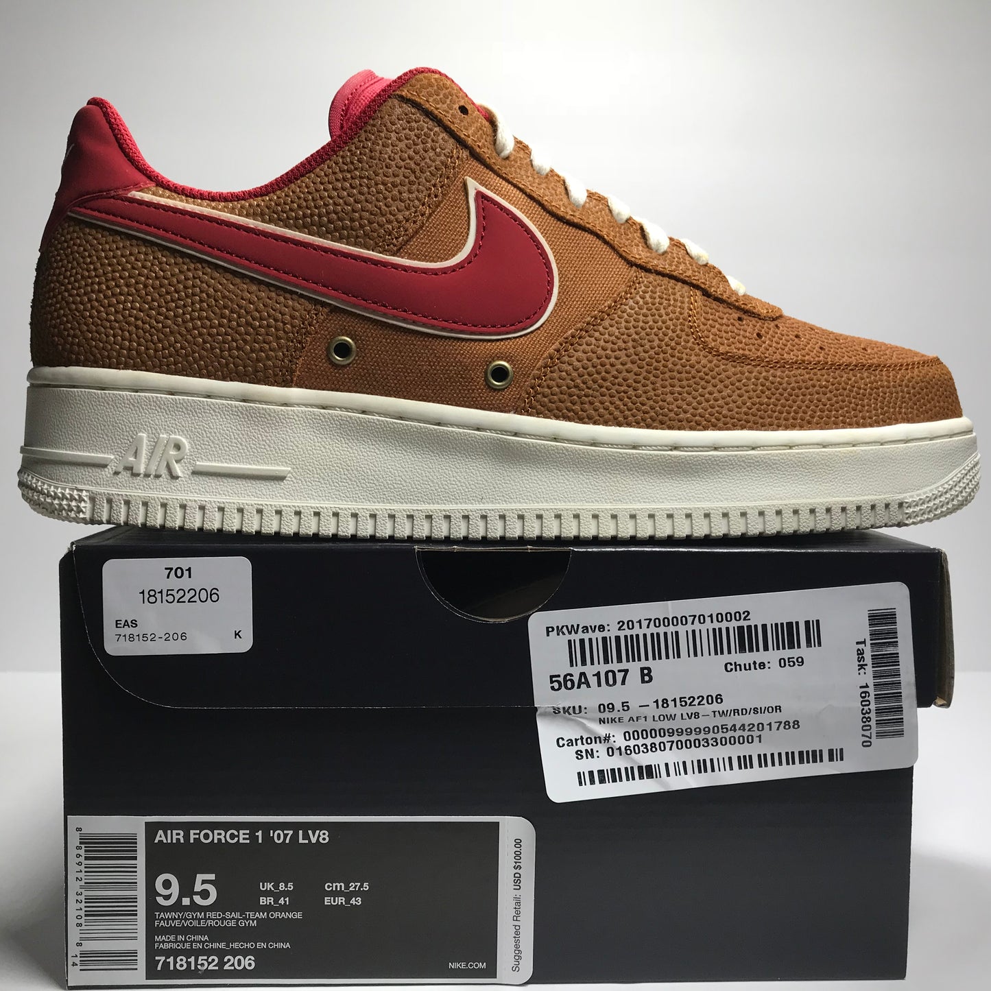 Nike Air Force 1 Low '07 LV8 - 718152 206  - Size 9.5 Tawny/Gym Red Basketball Leather