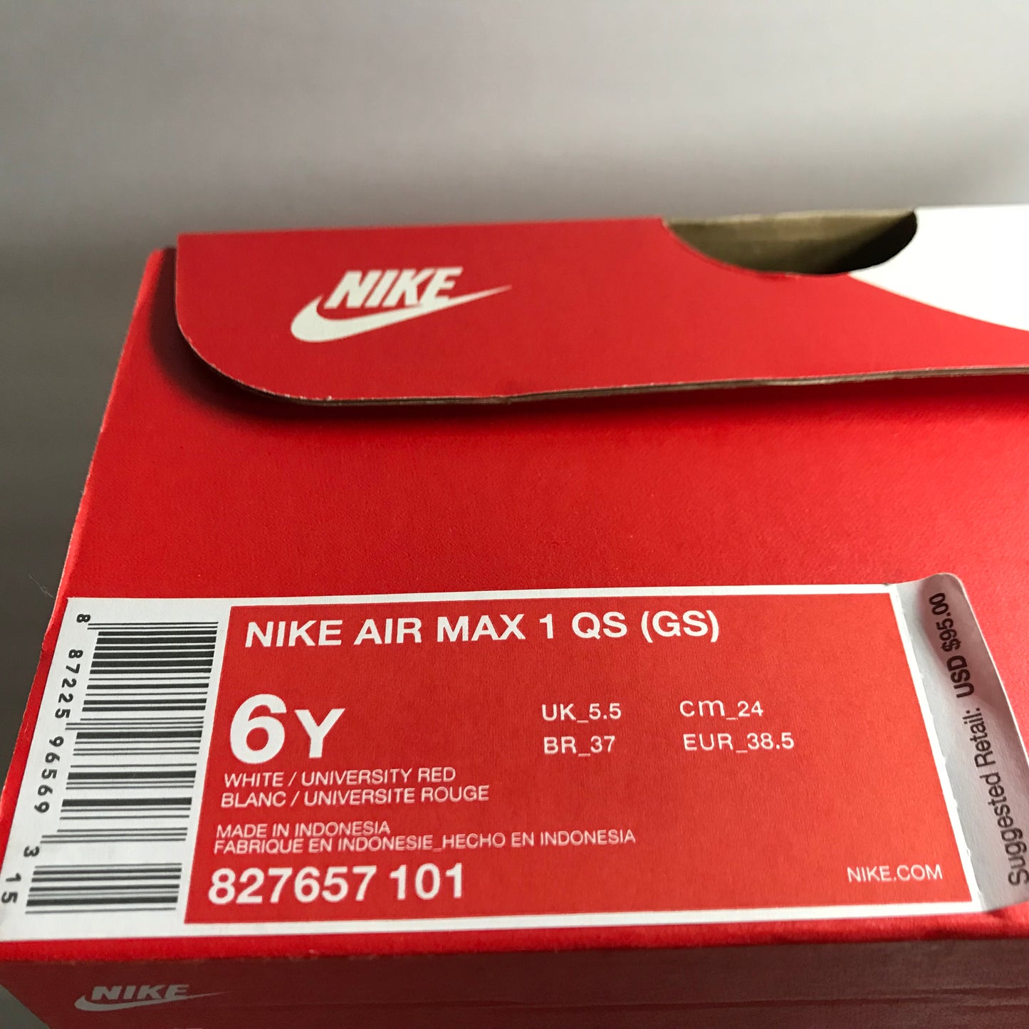 Air Max 1 QS GS 2017 Blanche/Rouge - 827657 101 - Taille Jeune 5Y