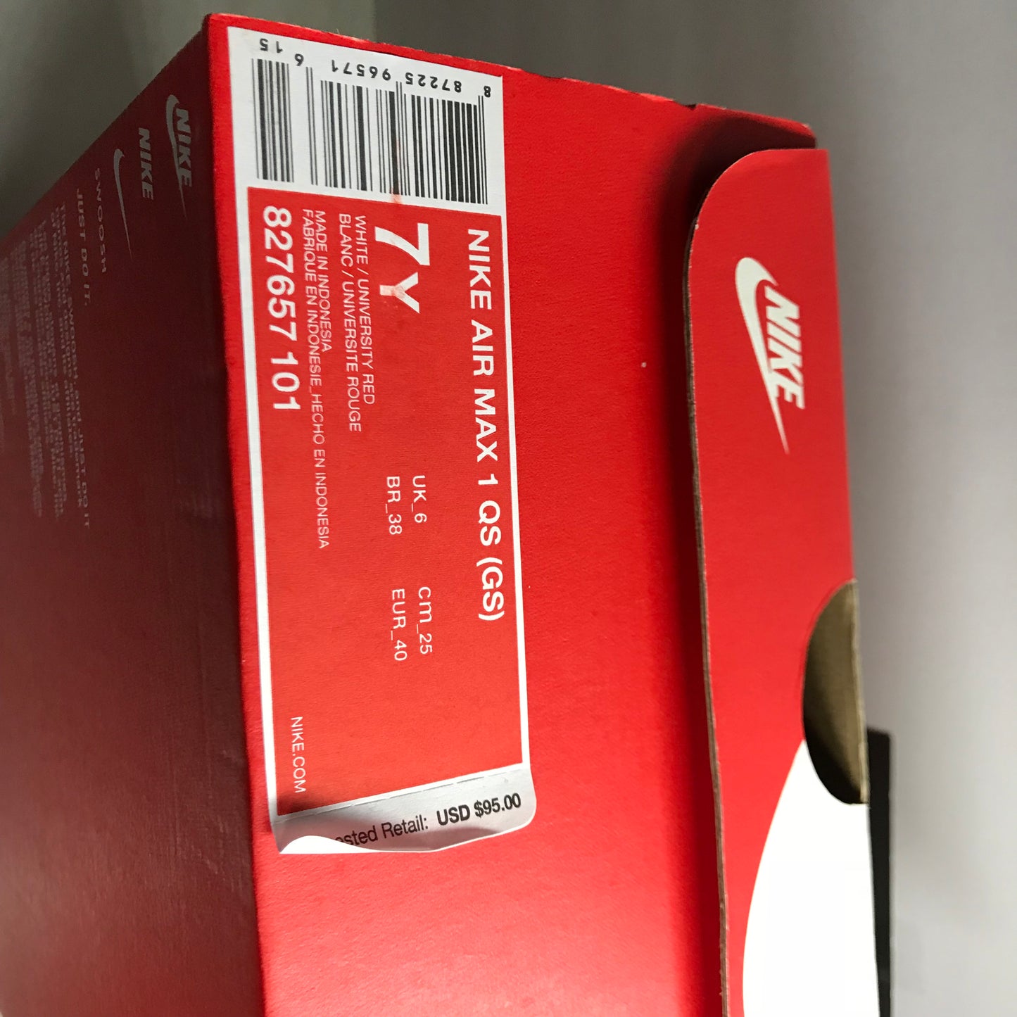 Air Max 1 QS GS 2017 Blanche/Rouge - 827657 101 - Taille Jeune 5Y