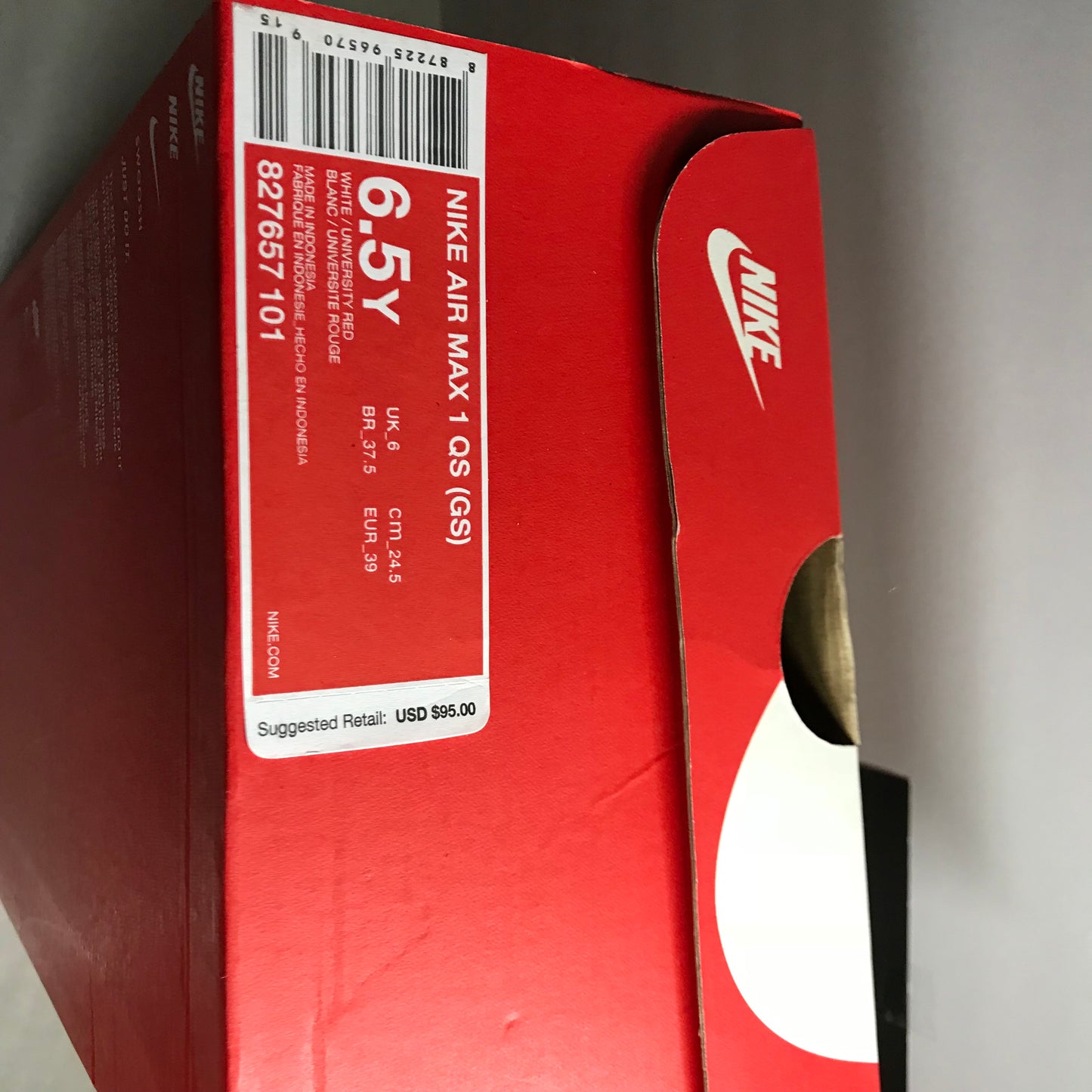Air Max 1 QS GS 2017 Blanche/Rouge - 827657 101 - Taille Jeune 5Y