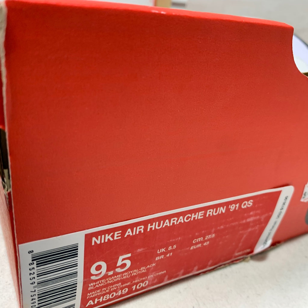 Nike Air Huarache Run 91 QS - AH8049 100 - Homme Taille 9.5 Blanc/Game Royal/Noir