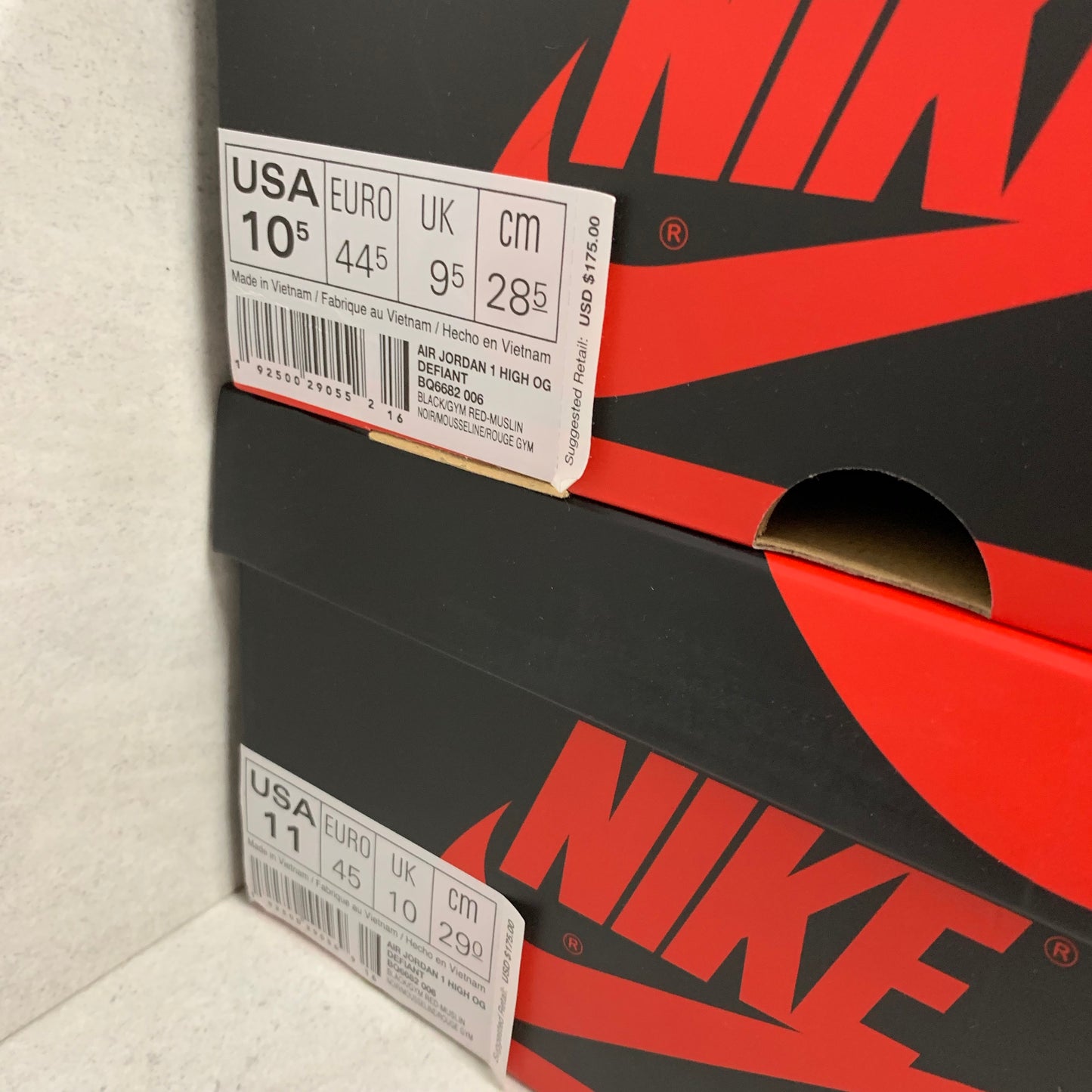 Nike Air Jordan 1 I High OG Defiant Couture Talla 10.5/Talla 11 Negro/Gimnasio ROJO [BQ6682-006]